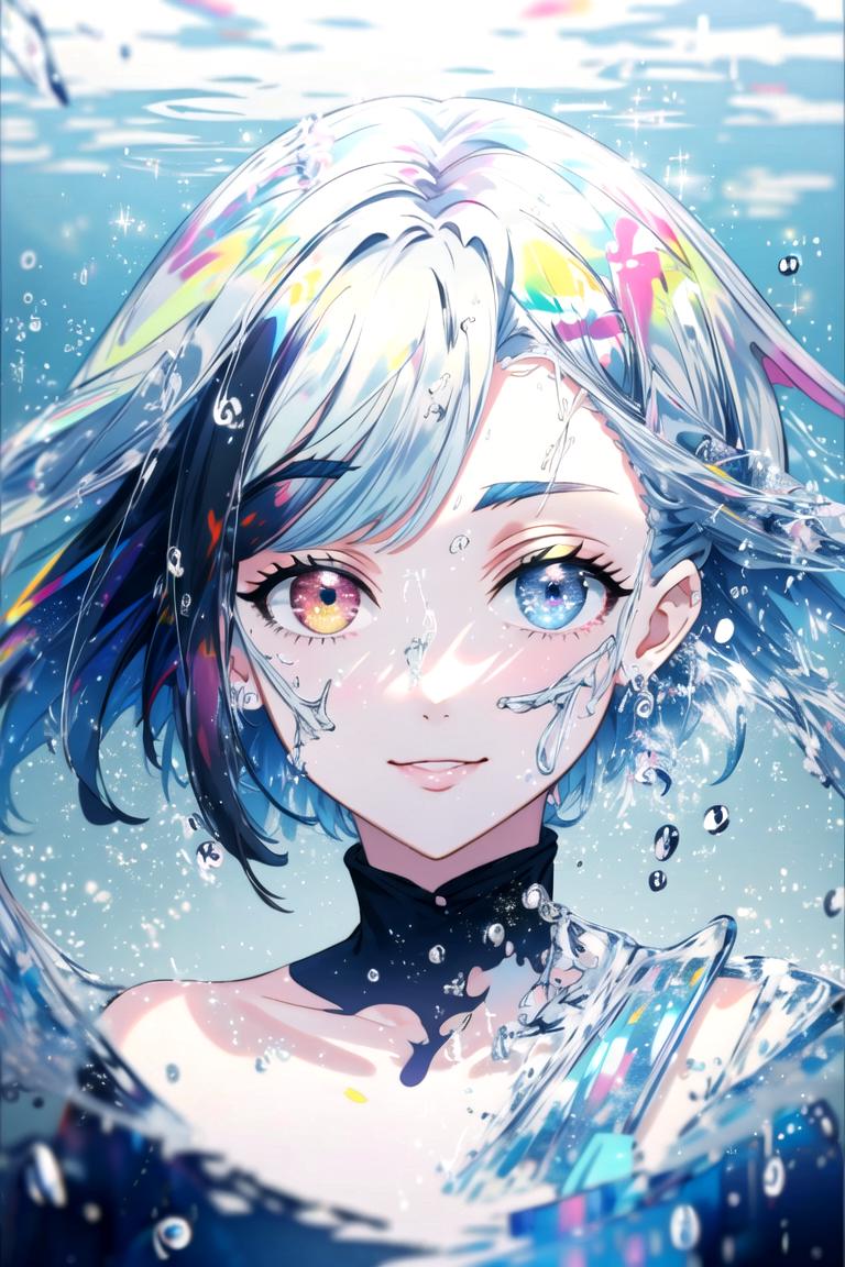 A girl with blue hair and a black top is in the water - SeaArt AI