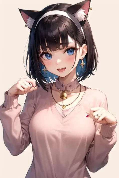 1girl,:d,animal ears,beige background,bell,black hair,blue eyes,blunt bangs,blush,cat ears,collared shirt,earrings,eyebrows,hairband,hand gesture,holding,holding jewelry,holding necklace,jewelry,jingle bell,long sleeves,nail polish,necklace,open mouth,paw earrings,paw pose,pendant,pink nails,ring,shirt,short hair,simple background,smile,solo,sweater,tareme,upper body