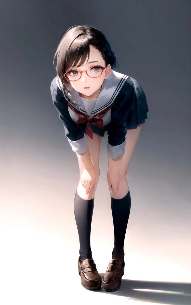 1 girl, extremely detailed face, large eyes, Simple deep gray background, beautiful vintage color, (high resolution:1.4),professional lighting, photon mapping, radiosity, physically-based rendering, small breasts, nsfw,
straight hair, short hair, bangs, black eyes, braid hair, hanging down hair, school uniform, red-framed eyewear,
standing, full body dynamic angle, bent over,