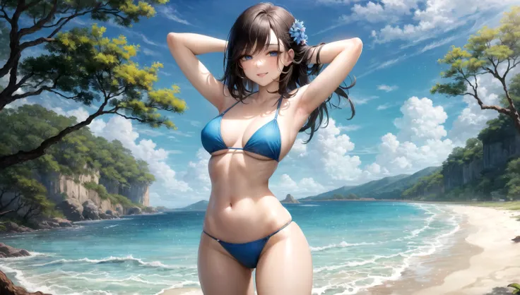 masterpiece, best quality, ultra-detailed, beautiful lighting, beach, 1girl, blue bikini, standing up, brown hair, blue eyes, smiling, (glossy lips:1.3), (wonderful eyes:1.2), solo, full body, full shot, arms_down