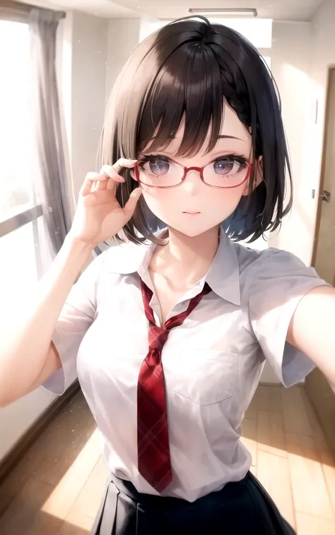 1 girl, extremely detailed face, large eyes, Simple background, indoor, beautiful vintage color, (high resolution:1.4),professional lighting, photon mapping, radiosity, physically-based rendering, small breasts,
straight hair, short hair, bangs, black eyes, braid hair, hanging down hair, school uniform, red-framed eyewear,
standing, full body, selfie, arm up,