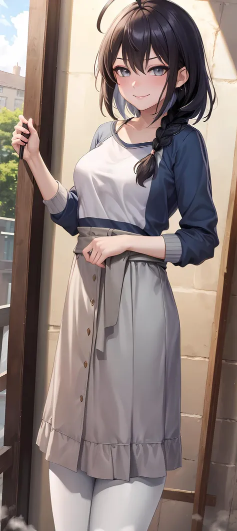masterpiece, best quality, day, artbook, masterpiece,best quality,official art,extremely detailed CG unity 8k wallpaper, girl, medium hair, black hair, ahoge, braid, light blush, smirk, grey eyes, sparkling eyes, eyeshadow, medium breasts, white pantyhose, uwabaki, ojousama, 
