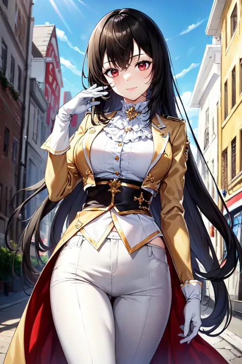 (masterpiece, best quality, high quality, highres:1.2), ultra high res, absurdres, sharp focus, detailed,
standing, mid shot,
1girl, e7 Celine, red eyes, long black hair, white pants, fit female, light brown coat, intricate clothes, white gloves,
looking at viewer, defined pupils, finely-detailed eyes,
perfect hands, skinny, detailed skin, shiny skin,
outdoors, park, daytime,
detailed background, brilliant colorful, subsurface scattering, volumetric lighting, extremely detailed
<lora:add_sharpness:-0.5> <lora:e7 Celine:0.8>