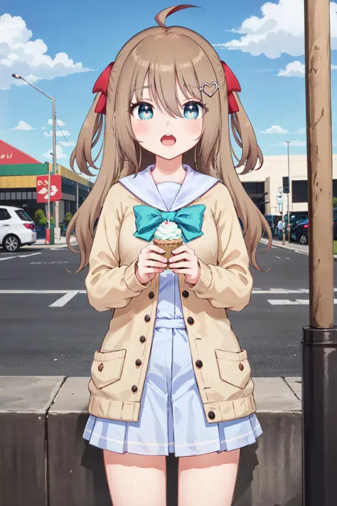 (masterpiece, best quality, high quality, highres:1.2), ultra high res, absurdres, sharp focus, detailed,
standing, cowboy shot,
1girl, neuro-sama, brown cardigan, bowtie, sailor collar, buttons, ahoge, heart hair ornament, open mouth, (happy:1.1), (eating, ice cream:1.1),
blue eyes, (finely-detailed eyes:1.1), sharp pupils, perfect hands, skinny,
detailed skin, shiny skin,
outdoors, park, daytime,
detailed background, brilliant colorful, subsurface scattering, volumetric lighting, extremely detailed
<lora:NeuroTEST:0.6> <lora:add_sharpness:-0.6>