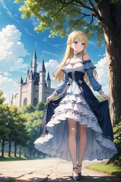 masterpiece, best quality, princess, blue dress, blue eyes, blonde hair, standing, (castle:1.1), holding skirt, clouds, trees