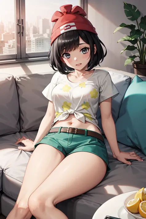 masterpiece, best quality, highres, selene1, 1girl, selene1, 1girl, selene \(pokemon\), solo, grey eyes, black hair, green shorts, red headwear, beanie, shirt, tied shirt, floral print, short hair, short sleeves, short shorts, navel, striped, yellow shirt, belt, <lora:selene_(pokemon)_v1:0.6>, thighs, breasts, indoors, sofa, on side
