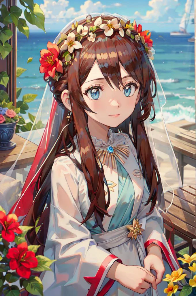 <lora:Melody_Pokemon:0.5> Melody_Pokemon, blue eyes, long hair, brown hair, white dress, bridal veil, flowers, head wreath, smile, ocean, cliff, <lora:TorinoV71:1>, absurdres, ultra detailed, masterpiece, best quality, aesthetic, detailed,