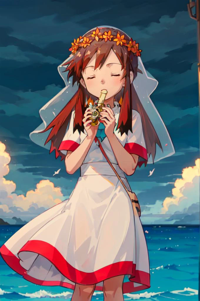 <lora:Melody_Pokemon:0.8> Melody_Pokemon, long hair, brown hair, white dress, bridal veil, flowers, head wreath, straight-on, closed eyes, holding ocarina, playing wind instrument, storm, ocean, hurricane, (tornado:1.3),, absurdres, ultra detailed, masterpiece, best quality, aesthetic, detailed,