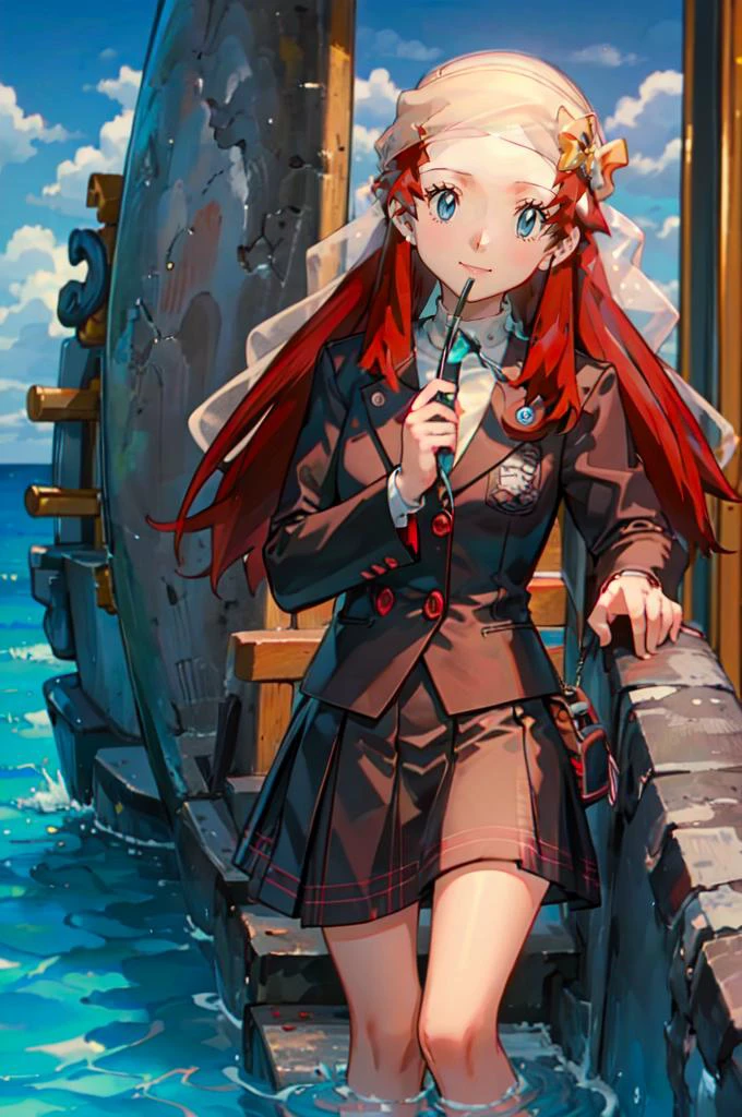 <lora:Melody_Pokemon:0.8> Melody_Pokemon, blue eyes, long hair, brown hair, smile, ocean, cliff, <lora:ShuujinAcademySchoolUniform:0.9> GirlUniform, shuujin academy school uniform, black jacket, plaid skirt,, absurdres, ultra detailed, masterpiece, best quality, aesthetic, detailed,