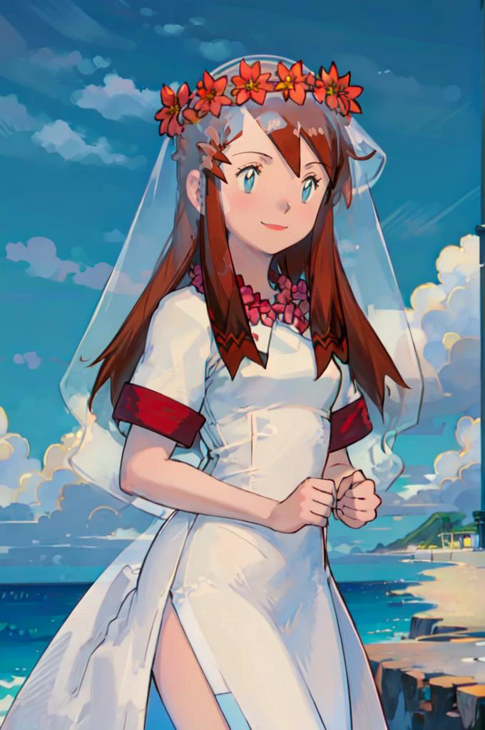 <lora:Melody_Pokemon:0.8> Melody_Pokemon, blue eyes, long hair, brown hair, white dress, bridal veil, flowers, head wreath, smile, ocean, cliff, <lora:Yoshida_Akihiko_style_v01:1>, absurdres, ultra detailed, masterpiece, best quality, aesthetic, detailed,