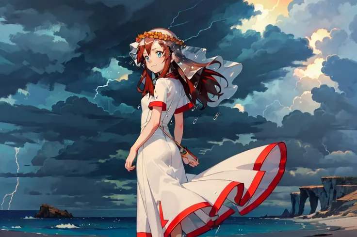 <lora:Melody_Pokemon:0.8> Melody_Pokemon, blue eyes, long hair, brown hair, white dress, bridal veil, flowers, head wreath, cliff, ocean,  from behind, looking back, looking at viewer,  (raining, night, darkness, cloudy sky, storm, dark clouds, black clouds, thunder, wind:1.5), (sad smile:1.2), (frown:0.6), (tearing up, flying teardrops:1.2), own hands together, arms behind back,, absurdres, ultra detailed, masterpiece, best quality, aesthetic, detailed,