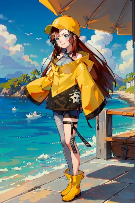 <lora:Melody_Pokemon:0.8> Melody_Pokemon, blue eyes, long hair, brown hair, smile, ocean, cliff, <lora:iono_outfit:1> iono_outfit, oversized clothing, jacket, yellow jacket, wide sleeves, sleeves past wrists, black shorts, grey pantyhose, boots, single leg pantyhose, thigh strap,, absurdres, ultra detailed, masterpiece, best quality, aesthetic, detailed,