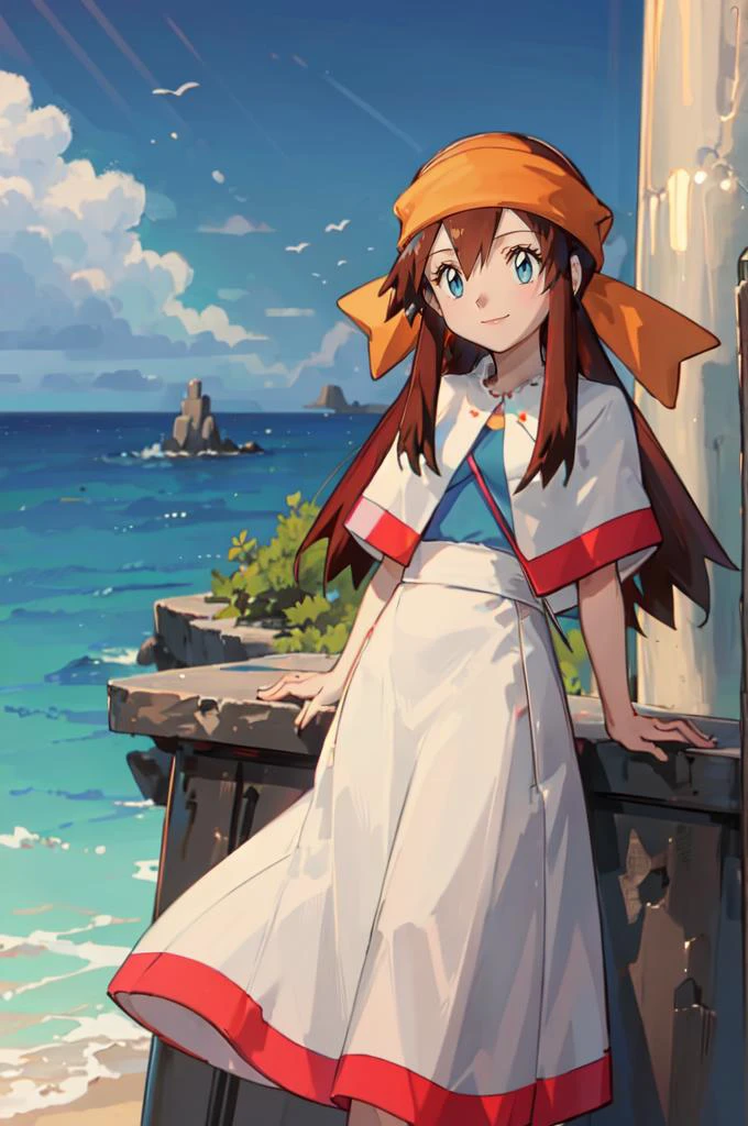 <lora:Melody_Pokemon:0.8> Melody_Pokemon, blue eyes, long hair, brown hair, white dress, bandana, capelet, smile, arms behind back, (leaning foward:1.5), ocean, cliff, crystal broken pillar,, absurdres, ultra detailed, masterpiece, best quality, aesthetic, detailed,