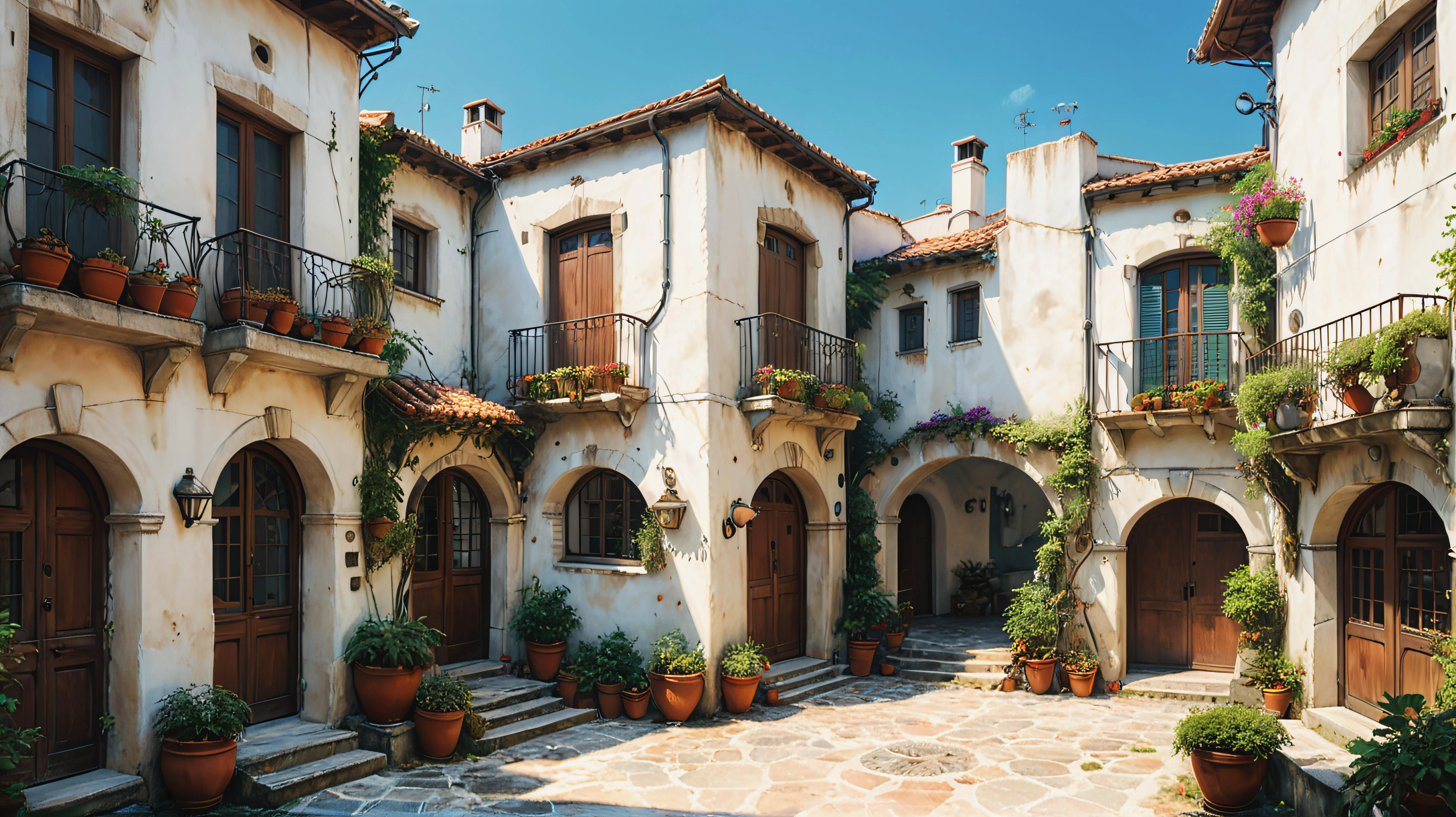 aesthetic landscape picture anime, Ghibli, detailed, HDR, Enhance, MEDITERRANEAN,muted colors, 8k, masterpiece, white stucco walls,. <lora:xl_more_art-full_v1:0.8>, <lora:ghibli_last:1>, <lora:add-detail-xl:0.5>, <lora:Vintage_Street_Photo:0.5>, perfect architecture