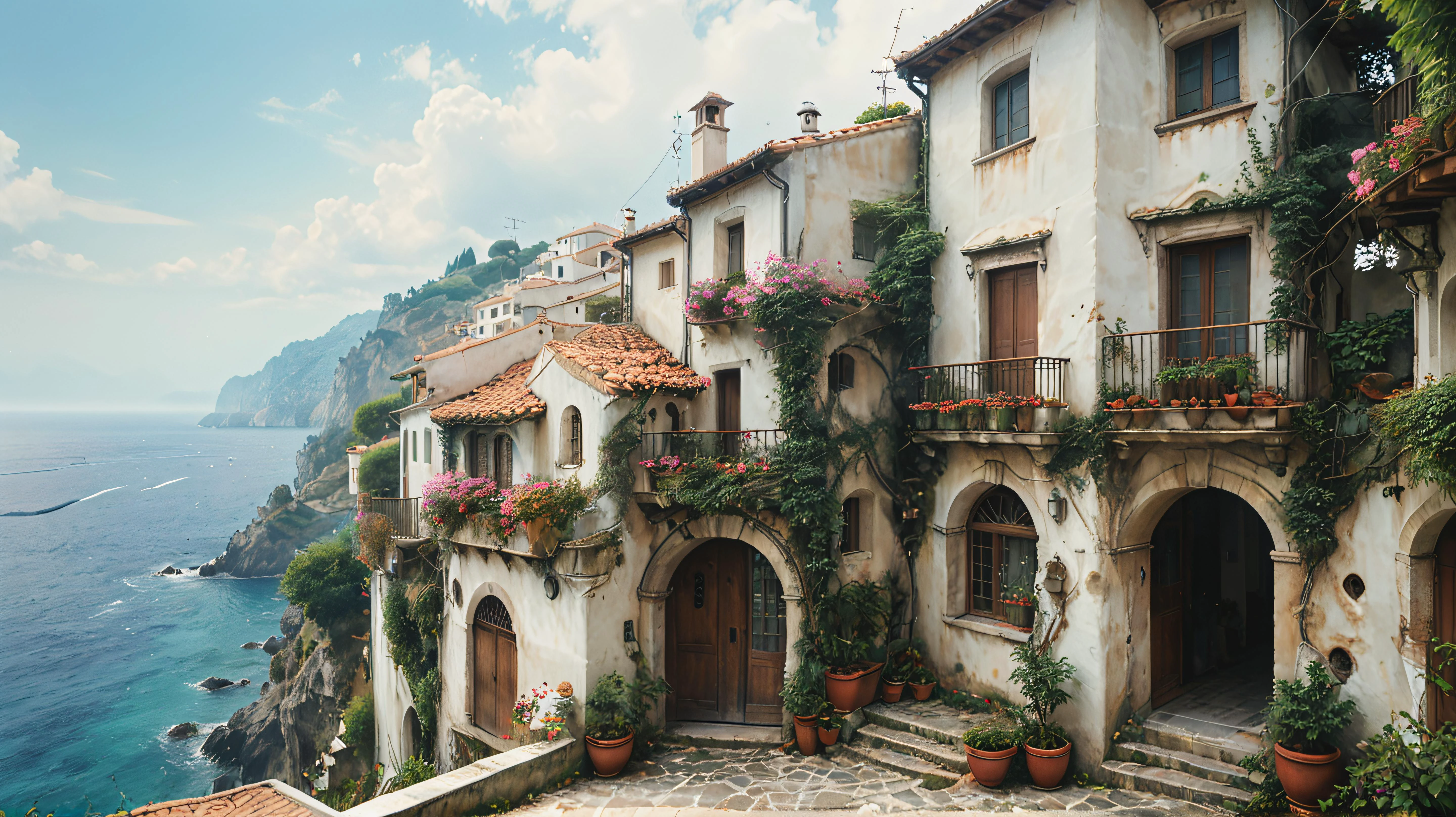 aesthetic landscape picture anime, Ghibli, detailed, HDR, Enhance, MEDITERRANEAN,muted colors, 8k, masterpiece, white stucco walls,. <lora:xl_more_art-full_v1:0.8>, <lora:ghibli_last:0.3>, <lora:add-detail-xl:0.5>, <lora:Dont_Stop_Me_Now:0.5>, <lora:Vintage_Street_Photo:0.5>, perfect architecture