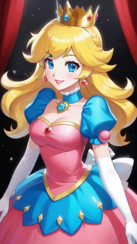 (masterpiece, best quality),1girl,princess peach,blonde hair,blue eyes,long hair,crown,dress,gem,gloves,pink dress,puffy short sleeves,puffy sleeves,short sleeves,white gloves,evil smile,glossy lips,glossy skin,blushing,<lora:ghibli_last:1>, ghibli,