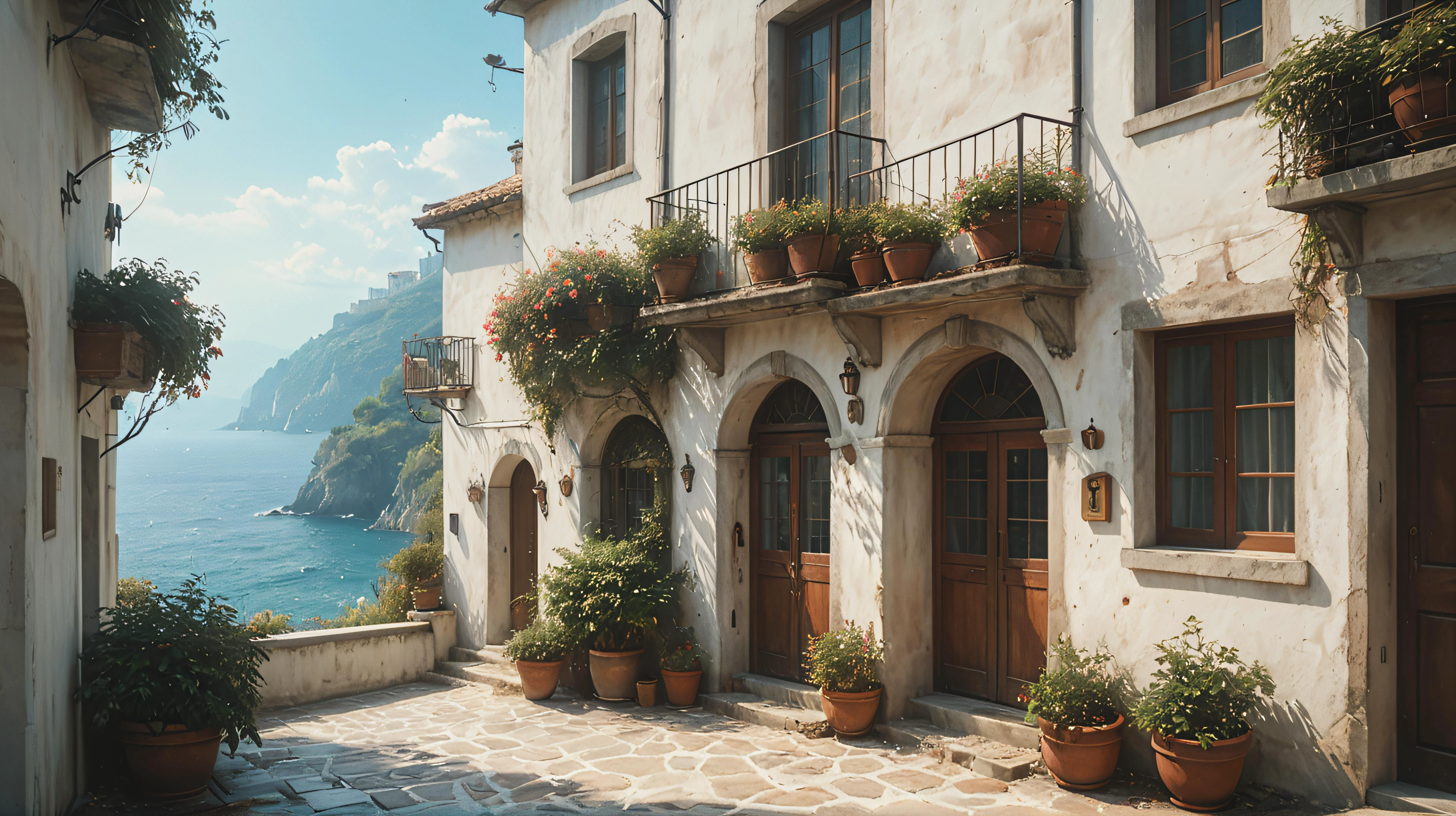 aesthetic landscape picture anime, Ghibli, detailed, HDR, Enhance, MEDITERRANEAN,muted colors, 8k, masterpiece, white stucco walls,. <lora:xl_more_art-full_v1:0.8>, <lora:ghibli_last:0.3>, <lora:add-detail-xl:0.5>, <lora:Dont_Stop_Me_Now:0.5>, <lora:Vintage_Street_Photo:0.5>, perfect architecture