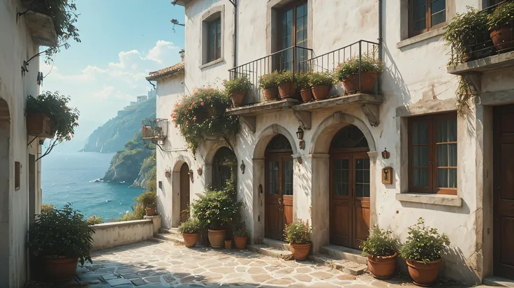 aesthetic landscape picture anime, Ghibli, detailed, HDR, Enhance, MEDITERRANEAN,muted colors, 8k, masterpiece, white stucco walls,. <lora:xl_more_art-full_v1:0.8>,  <lora:ghibli_last:0.3>,  <lora:add-detail-xl:0.5>,  <lora:Dont_Stop_Me_Now:0.5>,  <lora:Vintage_Street_Photo:0.5>, perfect architecture