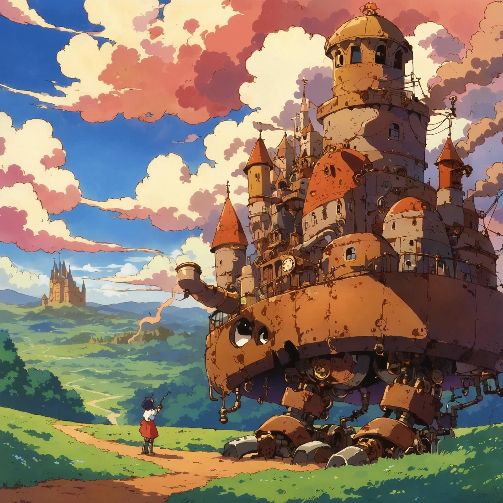 (a picture of moving castle, stempunk castle, castle with legs:1.2), (mechanical legs:1.4), (steampunk, rust, mechanisms:1.1), (smoke, smoking pipe:1.2), landscape, field, 2d, anime, beautiful view, bloom, blue sky, beautiful clouds, depth of field, masterpiece, aesthetic, illustration, anime, amazing composition, (side view:1.2), wide angle, concept art, (sharp image, 1990s anime, ghibli:1.15), <lora:ghibli_last:1>, <lora:add-detail-xl:0.5>
