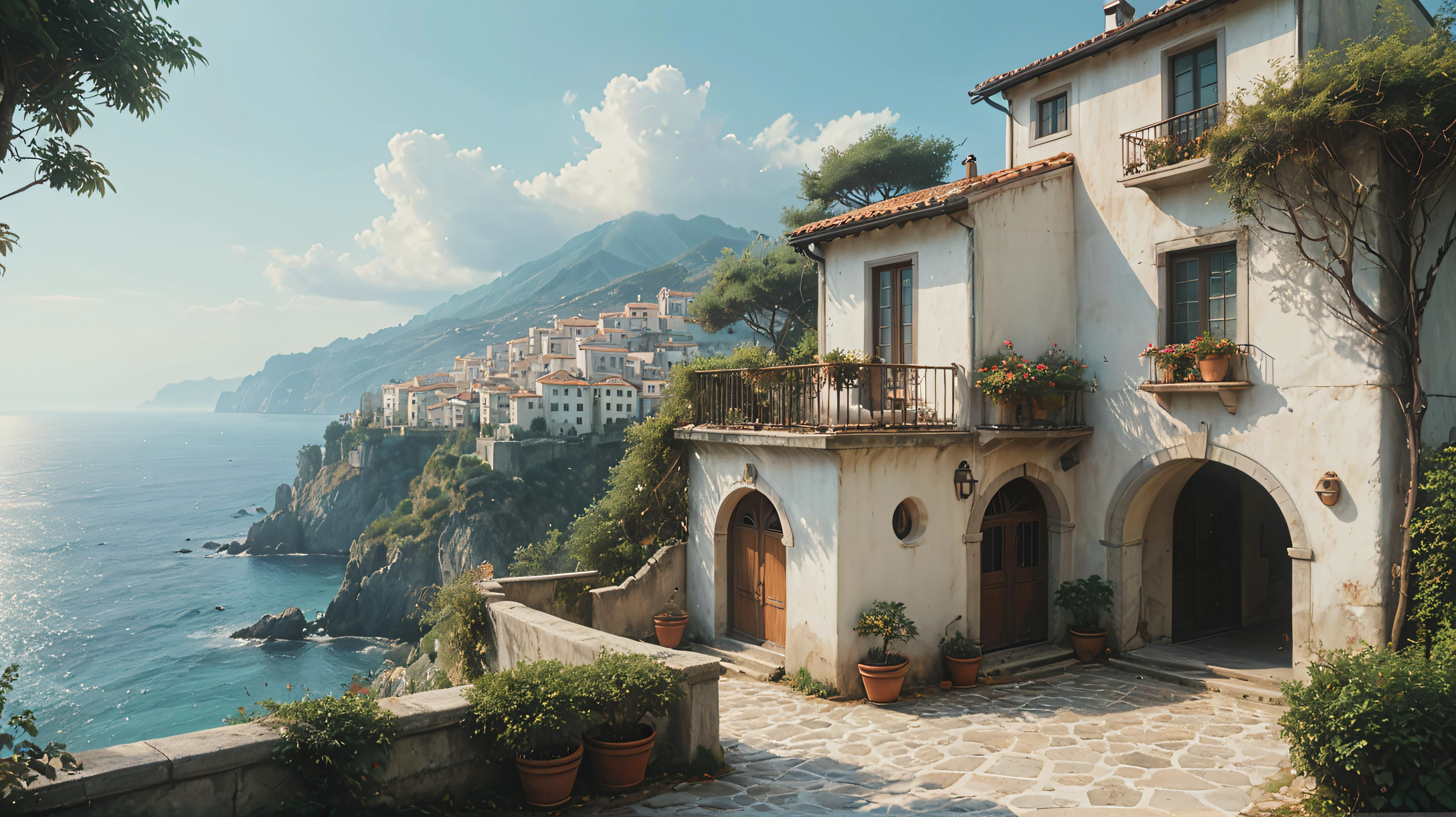 aesthetic landscape picture anime, Ghibli, detailed, HDR, Enhance, MEDITERRANEAN,muted colors, 8k, masterpiece, white stucco walls,. <lora:xl_more_art-full_v1:0.8>, <lora:ghibli_last:0.3>, <lora:add-detail-xl:0.5>, <lora:Dont_Stop_Me_Now:0.5>, <lora:Vintage_Street_Photo:0.5>, perfect architecture