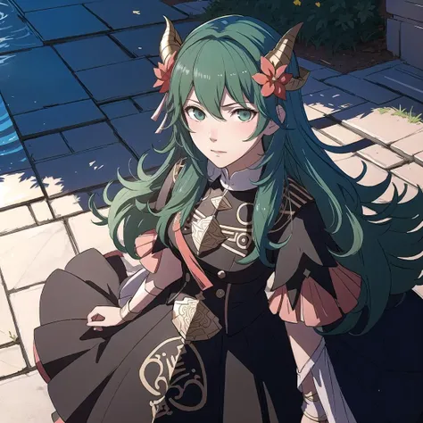 FE16, Fire Emblem, Fire Emblem Three Houses, Byleth, Sothis, hair ornament, flower in hair, goat horns, standing in a school courtyard, (1girl, solo focus:1.2), BREAK (concept art:1.5) BREAK High-quality character animation, detailed costume design, realistic character shading, advanced silhouette rendering, dynamic skin and hair, depth-aware color correction, character-focused ambient lighting BREAK (detailed eyes+face:1.3), green hair, green eyes, red dress, Angry