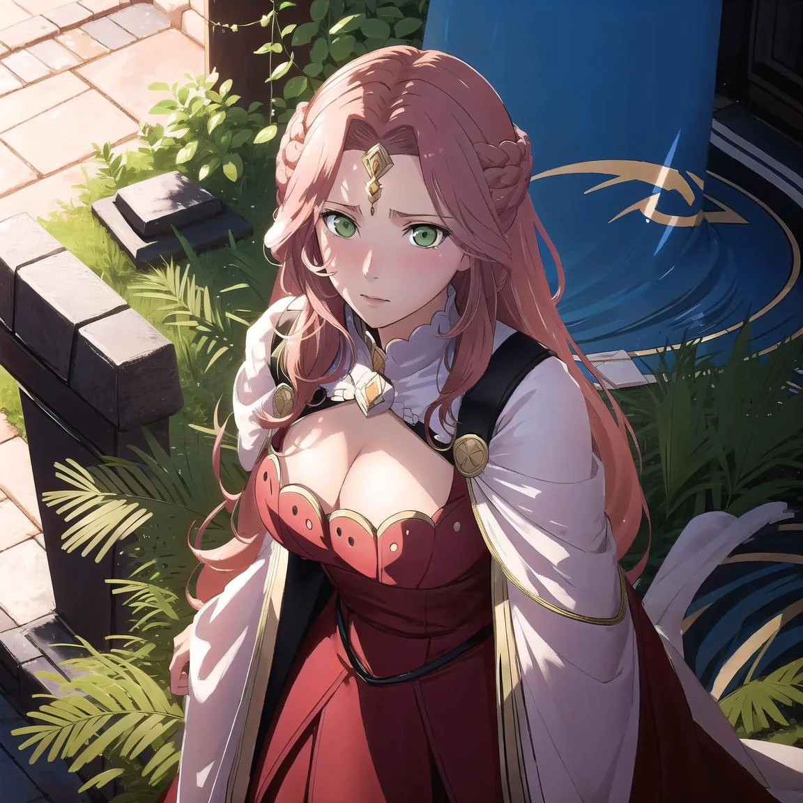 FE16, Fire Emblem, Fire Emblem Three Houses, Cornelia, Rhea, tiara, standing in a school courtyard, (1girl, solo focus:1.2), BREAK (concept art:1.5) BREAK High-quality character animation, detailed costume design, realistic character shading, advanced silhouette rendering, dynamic skin and hair, depth-aware color correction, character-focused ambient lighting BREAK (detailed eyes+face:1.3), (peach hair, green eyes:1.3), red dress, Angry, very large breasts, cleavage