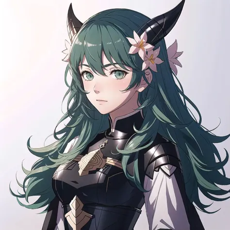 FE16, Fire Emblem, Fire Emblem Three Houses, Byleth, Sothis, hair ornament, flower in hair, goat horns, standing in a school courtyard, (1girl, solo focus:1.2), BREAK (concept art:1.5) BREAK High-quality character animation, detailed costume design, realistic character shading, advanced silhouette rendering, dynamic skin and hair, depth-aware color correction, character-focused ambient lighting BREAK (detailed eyes+face:1.3), green hair, green eyes, red dress, Angry