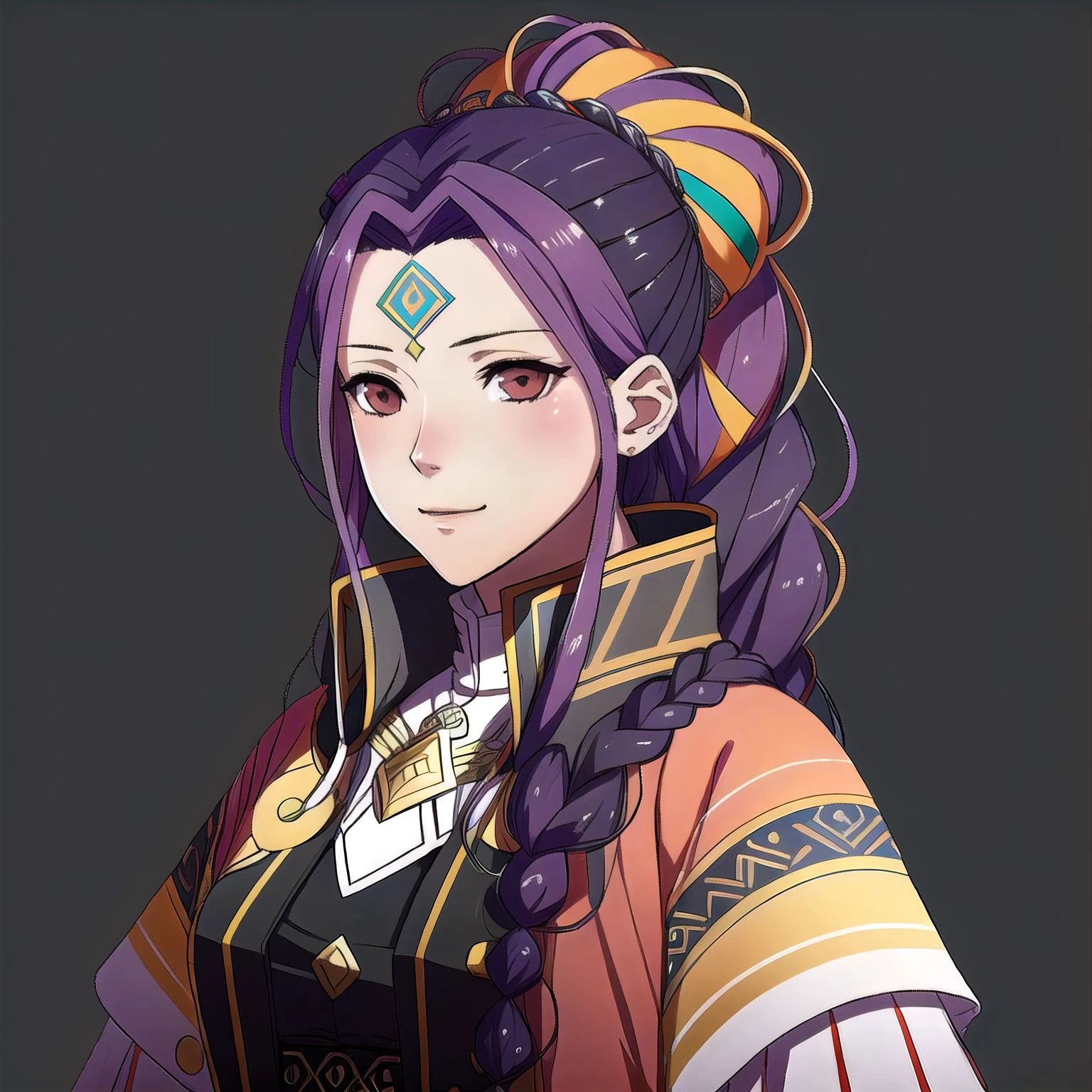FE16, Fire Emblem, Fire Emblem Three Houses, Fire Emblem Warriors Three Hopes, simple background, grey background, light top left, 1 Girl, Nehru Jacket, 1Girl, ager, Mature, Absurdly Long Hair, Double Bun, Multicolored Hair, Black Hair, Pink Hair, (Happy:1.3), (Young|Older|Aged Up:1.2)