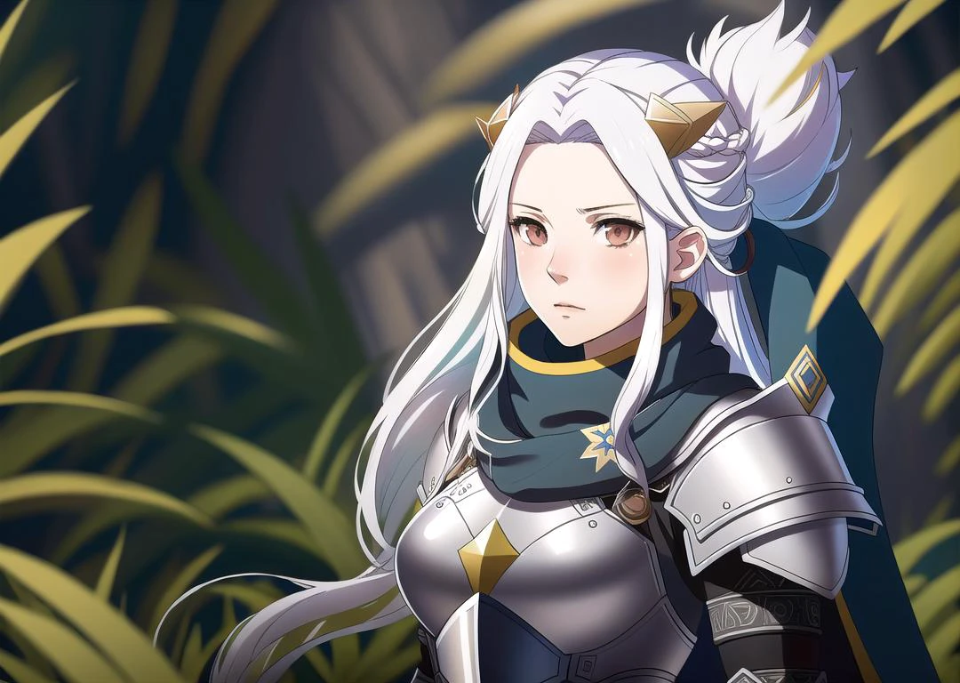 FE16, Fire Emblem, Fire Emblem Three Houses, Fire Emblem Warriors Three Hopes, simple background, grey background, light top left, 1 Girl, , Aged Down, Very Long Hair, Cone Hair Bun, Multicolored Hair, White Hair, Brown Hair, angry, frowning,, wetlands, bog, grove, swamp, plant overgrowth, small waterfalls, rain, vines, subsurface scattering:1, ray traced:1.3 depth of field:0.9, bokeh:1.2, god rays:1.3, vivid colors:1.5, cinematic hard lighting:1, realistic shadows:1.2, (wide shot, very wide shot, blurry foreground, blurry background, perspective:1.2), (heavy armor, fur cape, scarf:1.2)