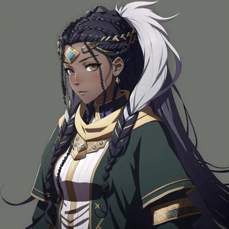 FE16, Fire Emblem, Fire Emblem Three Houses, Fire Emblem Warriors Three Hopes, simple background, grey background, light top left, Blazer with open front, 1 girl, dark skin, Teenager, Very Long Hair, Tri Braids, Streaked Hair, Dark Green Hair, Black Hair, (Happy:1.2), (Older:1.3)