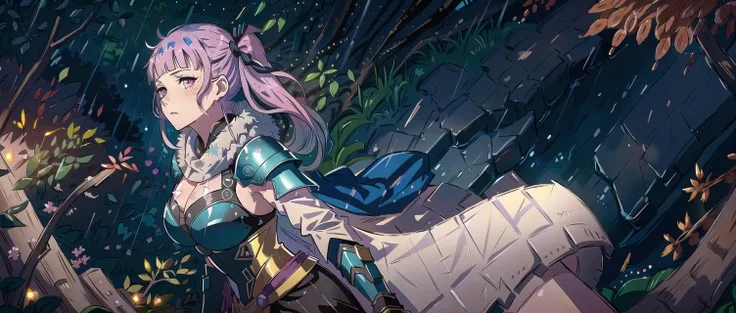 FE16, Fire Emblem, Fire Emblem Three Houses, Angry, Aged Up, Hilda \(Fire Emblem\), Hilda \(Fire Emblem: Three Houses\), Hilda \(Fire Emblem: Three Hopes\), (wide shot, very wide shot, blurry foreground, blurry background, perspective:1.2), SFW, (1girl, solo focus:1.2), looking at viewer, angry, frowning, (long hair, twintails, bangs, blunt bangs:1.2), pink Hair, glowing pink eyes, lipstick, eyeshadow, makeup, (freckles, scar under eye, scar on face, scar:1.2), Blue and Gold armored dress, shoulder armor, jewelry, earrings, cleavage, cleavage cutout, clothing cutout, large breasts, (heavy armor, fur cape, scarf:1.2), full body, wetlands, bog, grove, plant overgrowth, small waterfalls, rain, vines, subsurface scattering:1, ray traced:1.3 depth of field:0.9, bokeh:1.2, god rays:1.3, vivid colors:1.5, cinematic hard lighting:1, realistic shadows:1.2