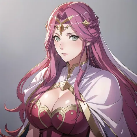 FE16, Fire Emblem, Fire Emblem Three Houses, Fire Emblem Warriors Three Hopes, simple background, grey background, light top left, Cornelia, 1 girl, red hair, Green eyes, Very Long Hair, Streaked Hair, (Happy:1.2), (Older:1.3), mature woman, tiara, very large breasts