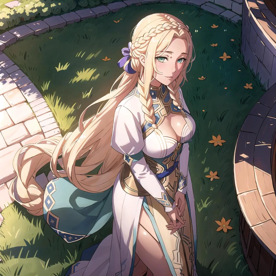 FE16, Fire Emblem, Fire Emblem Three Houses, Fire Emblem Warriors Three Hopes, standing in a university courtyard, light top left, Ingrid, 1 girl, Blonde hair, pale Green eyes, single braid, low-braided long hair, Long Hair, (Happy:1.2), Older, mature woman, small breasts, Ingrid