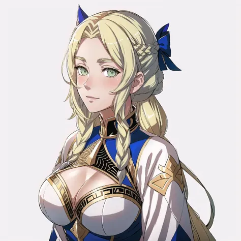 FE16, Fire Emblem, Fire Emblem Three Houses, Fire Emblem Warriors Three Hopes, simple background, grey background, light top left, Ingrid, 1 girl, Blonde hair, pale Green eyes, one large braid, Very Long Hair, (Happy:1.2), (Older:1.3), mature woman, small breasts, Ingrid