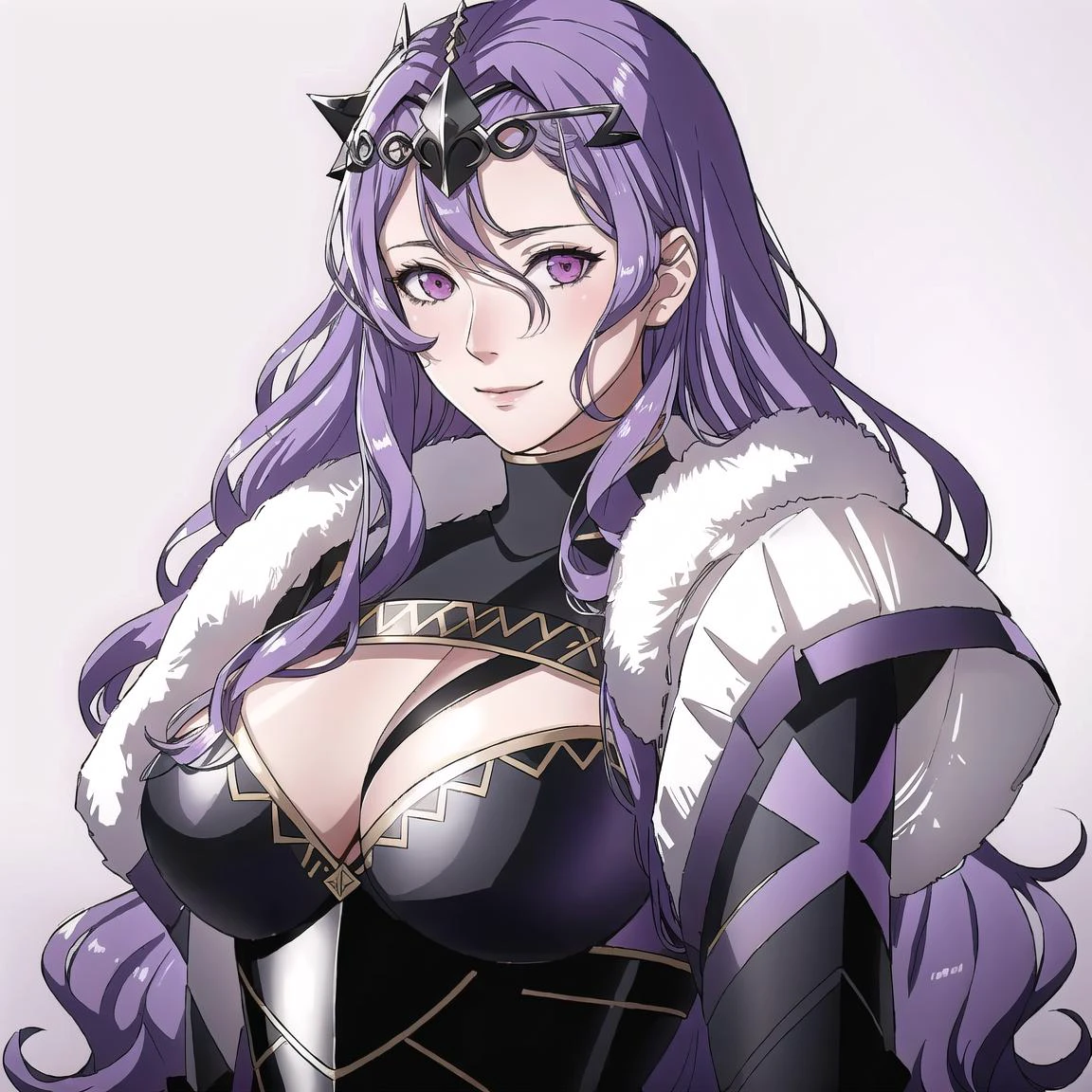 FE16, Fire Emblem, Fire Emblem Three Houses, Fire Emblem Warriors Three Hopes, simple background, grey background, light top left, Cornelia, 1 girl, purple hair, pink eyes, Long Hair, Wavy Hair, (Happy:1.2), (Older:1.3), mature woman, very large breasts, black armor, black tiara
