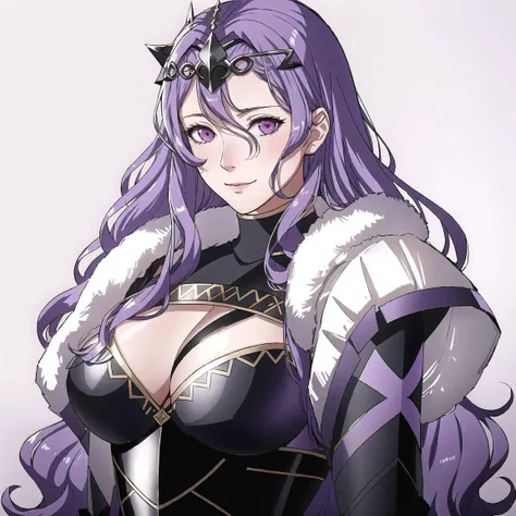 a close up of a woman with long purple hair wearing a black outfit, portrait knights of zodiac girl, ayaka genshin impact, portrait of a female anime hero, official character art, mai yoneyama, shalltear from overlord, marin kitagawa fanart, roguish smirk, official art, edelgard from fire emblem, fus rei