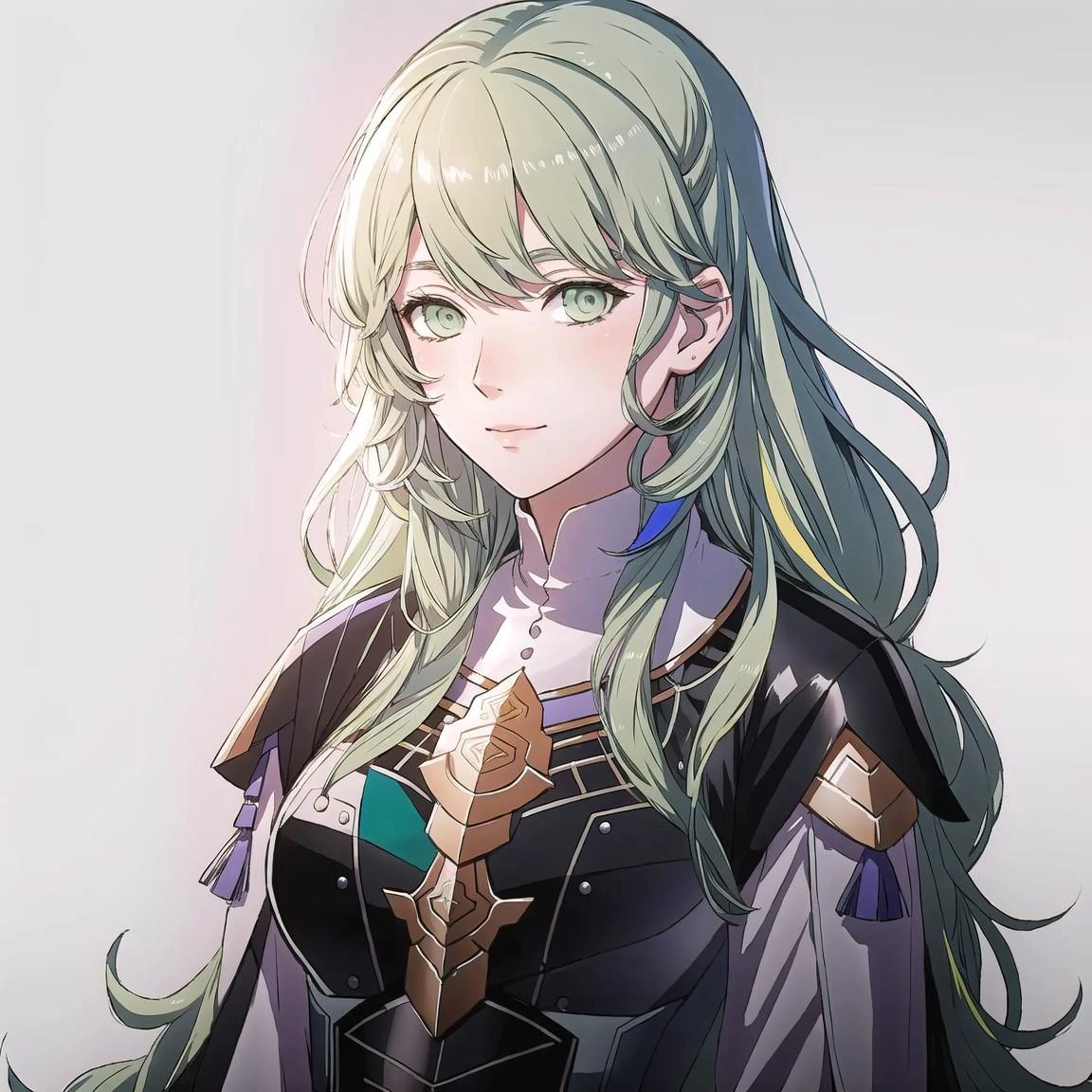 FE16, Fire Emblem, Fire Emblem Three Houses, Fire Emblem Warriors Three Hopes, simple background, grey background, light top left, Byleth, 1 girl, Green hair, Green eyes, r, Very Long Hair, Streaked Hair, Dark Green Hair, (Happy:1.2), (Older:1.3)