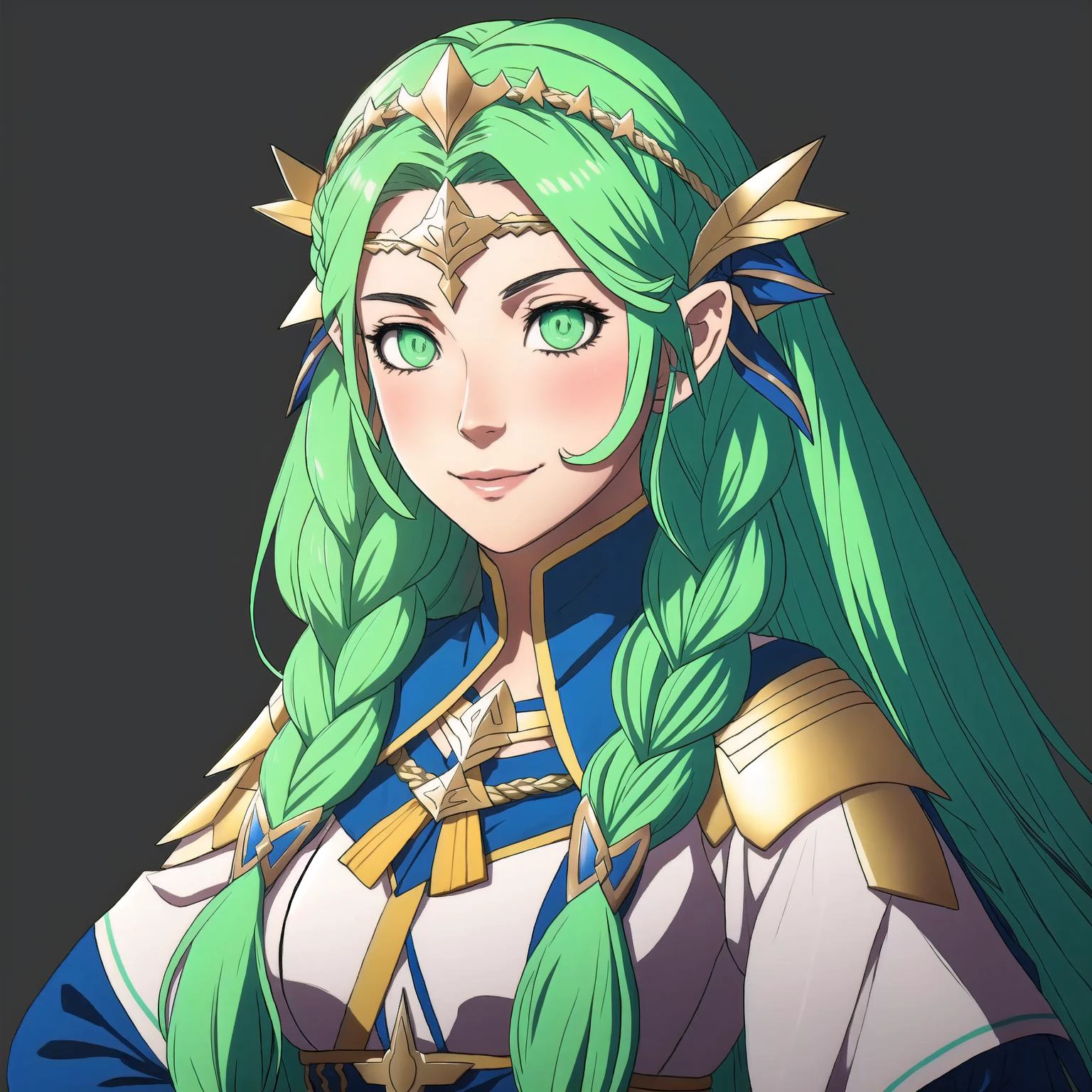 FE16, FE16-Style, Fire Emblem, Fire Emblem Three Houses, Fire Emblem Warriors Three Hopes, Happy, Sothis (Fire Emblem), Sothis (Fire Emblem: Three Houses), Sothis (Fire Emblem: Three Hopes), 1girl, ribbon braid, long hair, solo, green hair, braid, pointy ears, green eyes, hair ribbon, ribbon, twin braids, tiara, upper body, smile, closed mouth, hair ornament, side braid, looking at viewer, hands on hips