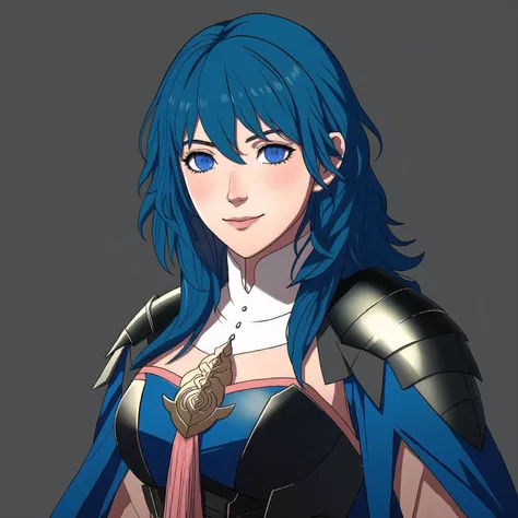 FE16, FE16-Style, Fire Emblem, Fire Emblem Three Houses, Fire Emblem Warriors Three Hopes, Blush, Female Byleth (Fire Emblem), Female Byleth (Fire Emblem: Three Houses), Female Byleth (Fire Emblem: Three Hopes), 1girl, byleth (fire emblem), byleth (fire emblem) (female), solo, blue eyes, armor, green hair, upper body, closed mouth, shoulder armor, looking at viewer, cape, bodice, turtleneck, bustier, bangs, tassel, smile, long hair, medium hair, breasts, hair between eyes, short sleeves