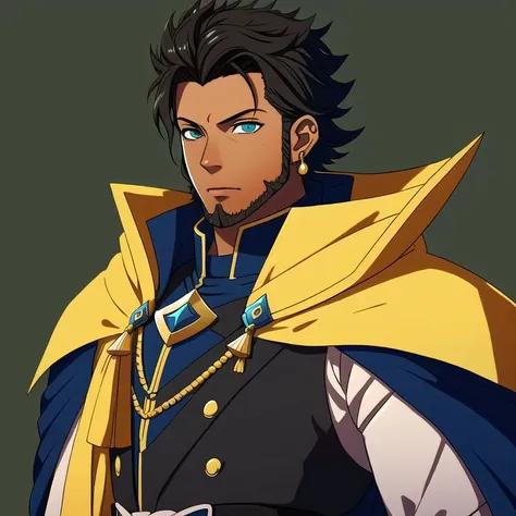 FE16, FE16-Style, Fire Emblem, Fire Emblem Three Houses, Fire Emblem Warriors Three Hopes, Angry, Aged Up, Claude (Fire Emblem), Claude (Fire Emblem: Three Houses), Claude (Fire Emblem: Three Hopes), claude von riegan, 1boy, male focus, solo, green eyes, jewelry, dark-skinned male, facial hair, earrings, dark skin, armor, simple background, upper body, black hair, brown hair, green background, cape, garreg mach monastery uniform, beard