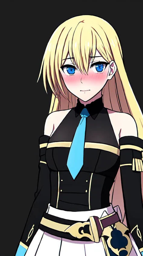 masterpiece, best quality,
 <lora:heronever_astel.sd15.v1:0.65>
astel,1girl,solo, blond hair, long hair, blue eyes (stdoutfit) black shirt black kneehighsbreak white skirt white belt blue necktie bare shoulders blush embarrassed detached sleeves blue sleeves standing, (simple background, black background),
 <lora:FE16-Style LoCon v2:0.7> fire emblem,FE16, FE16-STYLE,FIRE EMBLEM THREE HOUSES,