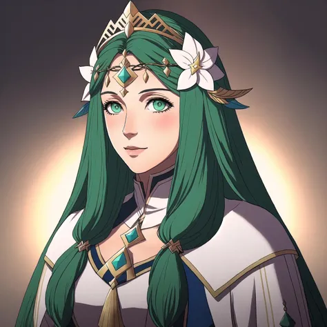 FE16, FE16-Style, Fire Emblem, Fire Emblem Three Houses, Fire Emblem Warriors Three Hopes, Happy, Rhea (Fire Emblem), Rhea (Fire Emblem: Three Houses), Rhea (Fire Emblem: Three Hopes), 1girl, rhea (fire emblem), flower, hair ornament, hair flower, solo, green eyes, long hair, green hair, crown, closed mouth, upper body, tiara