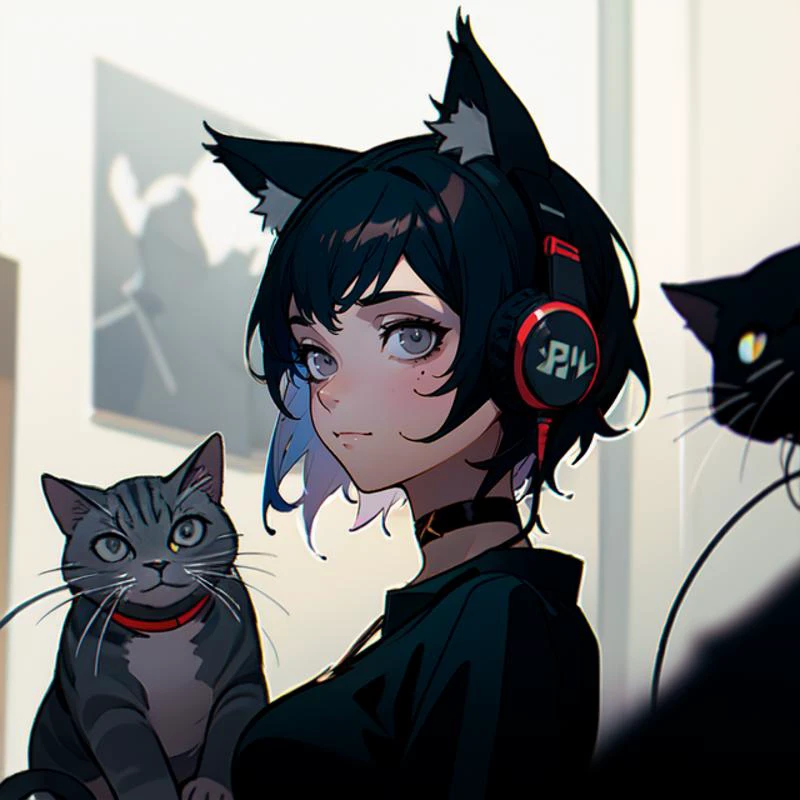 (masterpiece, best quality),(depth) of (field), <lora:FE16-Style LoCon v2:0.8> confident, smile, head, face, face_focus, 1 girl, adult, black_hair, mole, short_hair, grey_eyes, headphones, choker, fake_cat_ears, breasts, expressionless, female_focus