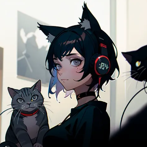 (masterpiece, best quality),(depth) of (field),  <lora:FE16-Style LoCon v2:0.8> confident, smile, head, face, face_focus, 1 girl, adult, black_hair, mole, short_hair, grey_eyes, headphones, choker, fake_cat_ears, breasts, expressionless, female_focus