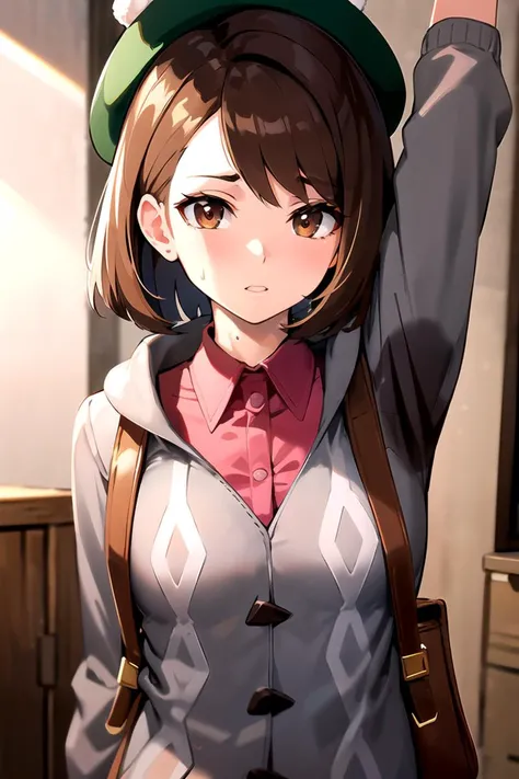 masterpiece, best quality, highres, gloria1, 1girl, gloria \(pokemon\), brown hair, backpack, brown eyes, tam o' shanter, grey cardigan, BREAK pink dress, short hair, brown bag, bob cut, bangs, long sleeves, collared dress, <lora:gloriaPokemon_v10:0.7>, sweat, (underarm perspiration:1.4), <lora:underarmPerspiration:1.4>, one arm up, looking at viewer, upper body, changing room, multiple boys