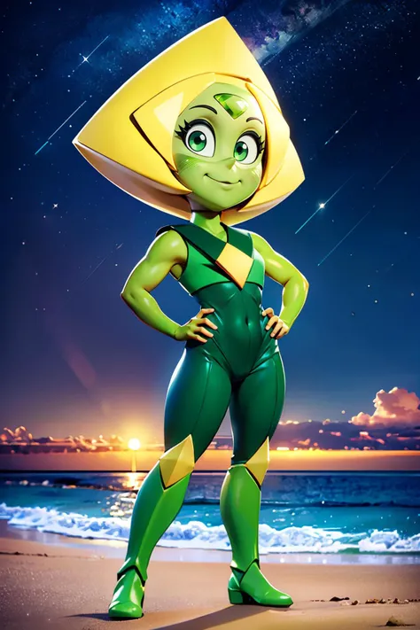 Peridot, green skin,green eyes,(yellow visor) blonde hair, bodysuit,sleeveless, diamond (shape) on chest, looking at viewer, smiling, full body shot, standing, outside, hand on hip, beach, ocean, night time, stars and space, high quality, masterpiece, <lora:Peridot:.7>