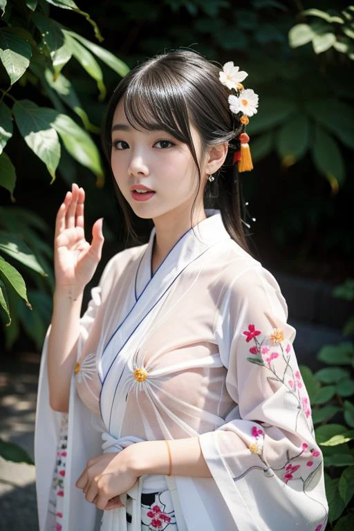 <lora:SeeThroughKimonoNoise:1> and see-through kimono and (A 8k raw high resolution photo of a beautiful Ulzzang chinese woman:1.2) and solo and large breasts and black hair and kashino and covered nipples and (wearing printed embroidered white kimono) and beautiful Detailed hands and beautiful detailed 5 fingers and beautiful detailed 5 finger nails and (Shyly waving at the camera)
