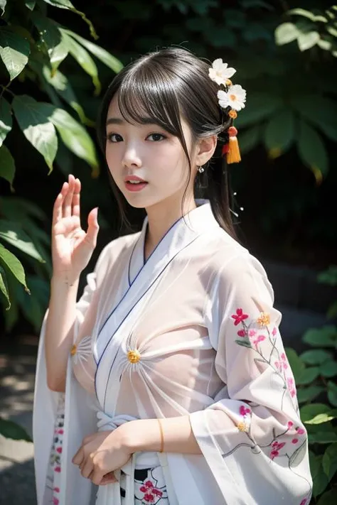 <lora:SeeThroughKimonoNoise:1> and see-through kimono and (A 8k raw high resolution photo of a beautiful Ulzzang chinese woman:1.2) and solo and large breasts and black hair and kashino and covered nipples and (wearing printed embroidered white kimono) and beautiful Detailed hands and beautiful detailed 5 fingers and beautiful detailed 5 finger nails and (Shyly waving at the camera)