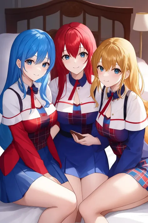 3girls, multiple_girls, sitting, bed, smile, red_hair, blue_hair, blonde_hair