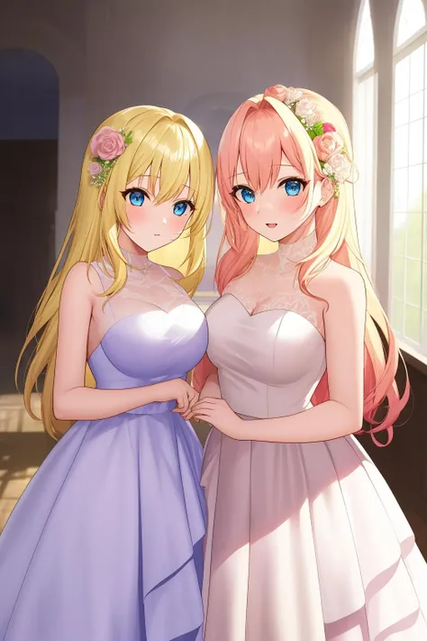 best quality,ultra-detailed,photorealistic:1.37,two girls,beautiful detailed eyes,beautiful detailed lips,girls with flowing hair,girls with radiant smiles,girls with graceful poses,girls wearing ethereal dresses,girls surrounded by blooming flowers,golden sunlight,soft pastel colors,romantic atmosphere,artistic portraits,mythological theme,divine beauties,heavenly goddesses